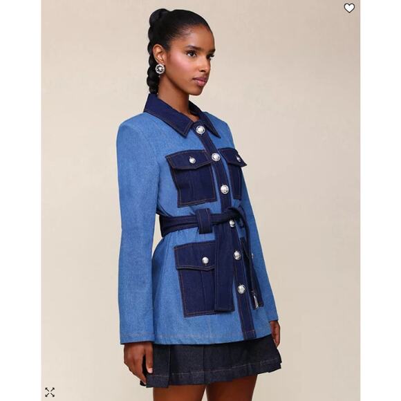 NEW Avec Les Filles Denim Military Jacket Small Blue Jean Cargo Belted Blazer - Picture 11 of 16